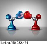 China USA trade fight and United States Chinese negotiations business strategy concept as an economic war and tariff dispute on imports and exports industry as a 3D illustration. Стоковое фото, агентство Ingram Publishing / Фотобанк Лори