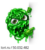 Mucus character as a green snot concept as a runny nose liquid shaped as a contagious monster with a blank sign as a medical illness symbol for sinus or nasal infection or virus bacterial infection as a 3D illustration. Стоковое фото, агентство Ingram Publishing / Фотобанк Лори