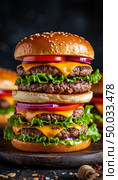 Huge burger multilayered, fast food. AI generated. Стоковое AI-изображение, AI-художник Анна Никонорова / Фотобанк Лори