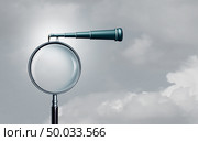 Long term outlook and business success forecasting seeking opportunity far away as a businessman on a magnifying glass looking through a telescoope with 3D illustration elements. Стоковое фото, агентство Ingram Publishing / Фотобанк Лори