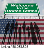 United States wall and immigration border security for immigrants or illegal immigrants to America as an American customs security concept as etnic diverse people wanting to enter with 3D illustration elements. Стоковое фото, агентство Ingram Publishing / Фотобанк Лори