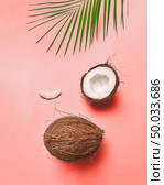 Composition from a palm green leaf and a coconut on a color background of the year 2019 Living Coral Pantone with space for the text. Creative layout for your ideas. Flat lay. Organic coconut and green palm leaf on a color background of the year 2019 Living Coral Pantone presented in the form of a smile face. Flat lay. Стоковое фото, агентство Ingram Publishing / Фотобанк Лори
