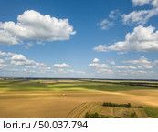 Bird’s eye view of rural countryscape with clouds on a blue sky background in a summer sunny day. Aerial view from drone.. Panoramic landscape with endless farmlands and white big clouds in a blue sky in a summer day. Aerial view from drone. Стоковое фото, агентство Ingram Publishing / Фотобанк Лори