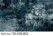 Horror monster Demon face abstract grunge background as a fear concept as a screaming cruel zombie or vampire representing anxiety emotion and being afraid psychology in a 3D illustration style. Стоковое фото, агентство Ingram Publishing / Фотобанк Лори