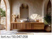 Modern natural-style bathroom with floating wooden vanity, stone sink, arched mirror, and earthy decor bathed in soft natural light. Стоковое AI-изображение, AI-художник Катерина Бондарец / Фотобанк Лори