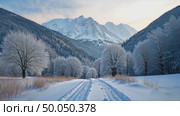 A snowy landscape with tree branches covered in snow, snowy mountains in the background, soft muted light, frontal view. Стоковое AI-видео, аниматор Sergey Grishin / Фотобанк Лори