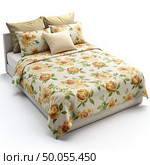 Bed With Floral Comforter and Pillows. Generative AI. Стоковое AI-изображение, AI-художник Roman Zavorotny / Фотобанк Лори