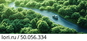 A car is driving down a winding road through a forest. Стоковое AI-изображение, AI-художник Ярославский Максим / Фотобанк Лори