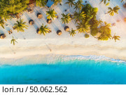 Aerial view of umbrellas, palms on the sandy beach of Indian Ocean at sunset. Summer holiday in Zanzibar, Africa. Tropical landscape with palm trees, parasols, white sand, blue water, waves. Top view. Стоковое фото, агентство Ingram Publishing / Фотобанк Лори