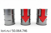 Dynamic representation of plummeting oil prices with three oil barrels and red downward arrows against a clean white background. Стоковое AI-изображение, AI-художник Андрей Бакусов / Фотобанк Лори