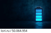 Highresolution digital illustration of a vibrant electric cyan battery icon against a dark blue grunge background symbolizing energy and innovation. Стоковое AI-изображение, AI-художник Андрей Бакусов / Фотобанк Лори