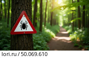 Serene forest path with tick warning sign surrounded by lush green foliage and sunlit dappled light. Стоковое AI-изображение, AI-художник Андрей Бакусов / Фотобанк Лори