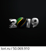 2019 Grey Typography with Tanzania Flag. Happy New Year Lettering. Стоковая иллюстрация, агентство Ingram Publishing / Фотобанк Лори
