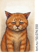 Illustration of a ginger cat with a sad, almost sorrowful expression on its face and closed eyes. The work is done in the technique of colored pencil or digital painting, imitating traditional drawing. The cat looks tired, thoughtful or grieving, which gives the picture a deep emotional coloring. The minimalist background does not distract attention from the main character. The illustration is ideal for postcards, posters, memes, themes of empathy, loneliness, farewell or sympathy. Стоковое AI-изображение, AI-художник Анна Кривицкая / Фотобанк Лори