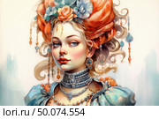 A stylized portrait illustration of a young woman in a luxurious outfit, executed in the style of Art Nouveau or fantasy baroque painting. Her image is rich in details: an intricate hairstyle with a large turban decorated with flowers and jewels, massive earrings, necklaces and an embroidered dress with puffy sleeves. The woman looks straight into the frame with an expressive, confident look. The color palette includes watercolor shades of blue, orange and peach. The work radiates elegance, glamour and a slight touch of aristocratic mystery. Стоковое AI-изображение, AI-художник Анна Кривицкая / Фотобанк Лори