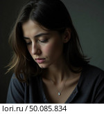A woman sits quietly in a softly illuminated space, her expression reflecting deep contemplation and emotions Generative AI. Стоковое AI-изображение, AI-художник Юлия Петровская / Фотобанк Лори