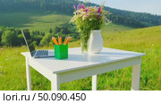 Vibrant outdoor workspace with flower vase and laptop in sunny meadow setting. Стоковое AI-видео, аниматор Владимир Федоров / Фотобанк Лори