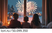 New Year fireworks, people sitting at home and looking out the window, Christmas tree and forest in the background, starry night. AI-generated. Стоковое AI-видео, аниматор Spirit River / Фотобанк Лори