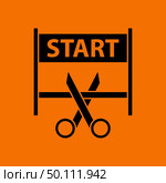 Scissors Cutting Tape Between Start Gate Icon. Black on Orange Background. Vector Illustration. Стоковая иллюстрация, агентство Ingram Publishing / Фотобанк Лори