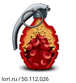 Heart disease bomb and cholesterol danger coronary artery illness as a medical concept with a live grenade inside an artery or vein with plaque formation as clogged arteries and atherosclerosis as a 3D illustration. Стоковое фото, агентство Ingram Publishing / Фотобанк Лори