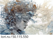 A fantasy portrait of a girl merging with nature. Her face is calm, her eyes are closed, her hair and head gradually merge into a network of branches, moss and trees, creating the image of a forest spirit or goddess of nature. The illustration is done in a soft, watercolor and graphic technique, with a predominance of cold bluish-gray shades, with rare warm inclusions. The image radiates harmony, silence and the connection of man with nature, especially with its winter or autumn aspect. Стоковое AI-изображение, AI-художник Анна Кривицкая / Фотобанк Лори