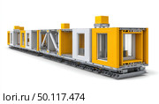 Modern modular building units on rails for efficient construction. Стоковое AI-изображение, AI-художник Юрий Поздников / Фотобанк Лори