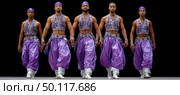 Five dancers performing in coordinated purple outfits. Стоковое AI-изображение, AI-художник Юрий Поздников / Фотобанк Лори