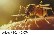 Close-up view of a mosquito feeding on skin. Стоковое AI-изображение, AI-художник Михаил Коханчиков / Фотобанк Лори