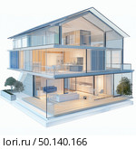 Modern glass-fronted house design merges elegance and comfort in a serene environment. Стоковое AI-изображение, AI-художник Михаил Коханчиков / Фотобанк Лори