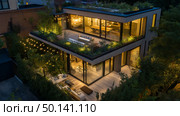Modern rooftop garden illuminated by string lights in urban setting at night. Стоковое AI-изображение, AI-художник Михаил Коханчиков / Фотобанк Лори