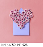Congratulation card with flowers heart and handcraft envelope on a pastel background. Top view.. Hardy chrysanthemums heart with envelope for post card on a pastel background. Стоковое фото, агентство Ingram Publishing / Фотобанк Лори