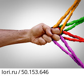 Group management concept connected as many different ropes tied and linked together as an unbreakable chain as a trust and faith metaphor for dependence and reliance on trusted partners for team and teamwork support and strength. Стоковое фото, агентство Ingram Publishing / Фотобанк Лори