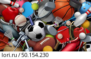 Sports equipment with a football basketball baseball soccer tennis and golf ball including ping pong tennis hockey puck as healthy recreation and leisure fun activities for team and individual playing for health with 3D illustration elements. Стоковое фото, агентство Ingram Publishing / Фотобанк Лори