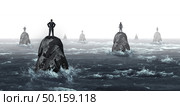 Business communication challenge with businessmen and businesswomen with huge gaps as a corporate symbol for negotiation problems as businesspeople lost on distant islands in a 3D illustration style. Стоковое фото, агентство Ingram Publishing / Фотобанк Лори