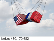 France USA trade war and American tariffs global trade dispute as two opposing cargo freight containers in French tax economic conflict over import and exports or Paris agreement crisis as a 3D illustration. Стоковое фото, агентство Ingram Publishing / Фотобанк Лори