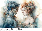 Watercolor artistic illustration depicting a romantic scene between a young man and a woman standing facing each other. He is wearing a classic turtleneck shirt, she has her hair down, decorated with wild flowers. Their gazes convey a deep feeling, perhaps love, farewell or nostalgia. The color scheme is muted but expressive blue-ochre shades, creating an atmosphere of subtle emotionality. Suitable for book design, postcards, covers, posters, themes about love, feelings and historical romance. Стоковое AI-изображение, AI-художник Анна Кривицкая / Фотобанк Лори