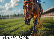 A dynamic photo at the moment of the race - a close-up of a running trot on the racetrack. The camera is located at ground level, which creates the effect of presence and emphasizes the power and speed of the movement. A horse in harness with a jockey rushes along the green grass, throwing up the earth under its hooves. In the background you can see the stands with spectators, blurred due to the focus. An ideal image for the themes of sports, equestrian competitions, adrenaline, strength, beauty of animals and competitions. Стоковое AI-изображение, AI-художник Анна Кривицкая / Фотобанк Лори