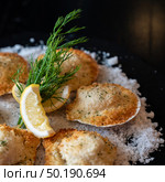 deep fried Hokkaido Scallops Shell with crusty bread serve with lemon and salt designed for square crop using. Стоковое фото, агентство Ingram Publishing / Фотобанк Лори