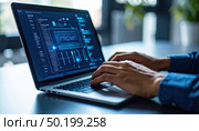Person typing prompt command into futuristic software interface on a laptop in a tech workspace. Стоковое AI-изображение, AI-художник Igor Tichonow / Фотобанк Лори