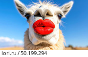 A llama with exaggerated red lipstick under a blue sky, expressing humor, surreal art, and playful fashion commentary. Стоковое AI-изображение, AI-художник Igor Tichonow / Фотобанк Лори