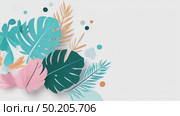 Colorful tropical leaves in various shapes and sizes, featuring shades of green, pink, and white, creating a vibrant and lively botanical illustration with a soft background. Стоковое AI-видео, аниматор Ирина Ручушкина / Фотобанк Лори
