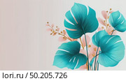 Colorful tropical leaves in various shapes and sizes, featuring shades of green, pink, and white, creating a vibrant and lively botanical illustration with a soft background. Стоковое AI-видео, аниматор Ирина Ручушкина / Фотобанк Лори