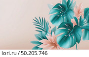 Colorful tropical leaves in various shapes and sizes, featuring shades of green, pink, and white, creating a vibrant and lively botanical illustration with a soft background. Стоковое AI-видео, аниматор Ирина Ручушкина / Фотобанк Лори