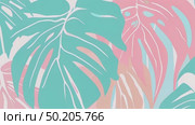 Colorful tropical leaves in various shapes and sizes, featuring shades of green, pink, and white, creating a vibrant and lively botanical illustration with a soft background. Стоковое AI-видео, аниматор Ирина Ручушкина / Фотобанк Лори
