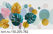 Colorful tropical leaves in various shapes and sizes, featuring shades of green, pink, and white, creating a vibrant and lively botanical illustration with a soft background. Стоковое AI-видео, аниматор Ирина Ручушкина / Фотобанк Лори