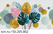 Colorful tropical leaves in various shapes and sizes, featuring shades of green, pink, and white, creating a vibrant and lively botanical illustration with a soft background. Стоковое AI-видео, аниматор Ирина Ручушкина / Фотобанк Лори