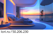 Modern bedroom with stunning ocean view during sunrise offers serenity and tranquility. Стоковое AI-изображение, AI-художник Михаил Коханчиков / Фотобанк Лори