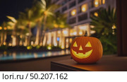 Jack-o'-lantern with glowing face placed on a table beside a shimmering pool, surrounded by palm trees and festive lights, creating a vibrant Halloween atmosphere. Стоковое AI-видео, аниматор Ирина Ручушкина / Фотобанк Лори