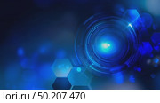 Abstract digital background featuring glowing circular patterns and hexagonal shapes in vibrant blue tones, creating a futuristic and high-tech atmosphere for design projects. Стоковое AI-видео, аниматор Ирина Ручушкина / Фотобанк Лори