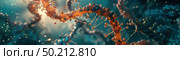 An intricate DNA strand with fiery orange highlights, set against a backdrop of blue molecular structures, suggesting a high-tech lab environment. Стоковое AI-изображение, AI-художник Данила Большаков / Фотобанк Лори